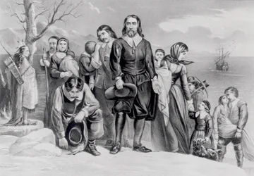 El desembarco de los peregrinos en Plymouth, Mass. 22 de diciembre de 1620, pub. 1876